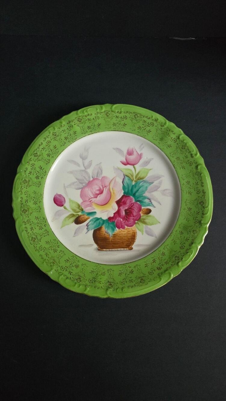 Vintage Porcelain Plate Painted Floral Basket Green Border Gold Trim Decor